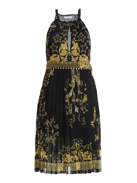 versace print dress outfit|Versace pleated dress.